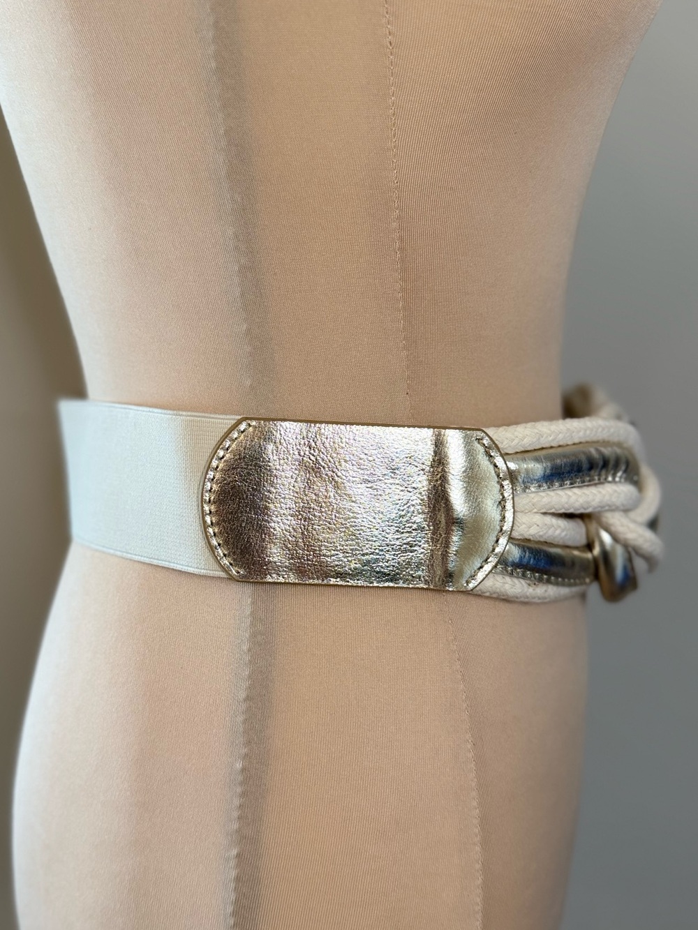 Venus rope braided silver gold metallic cream stretch belt SZ S/M - Picture 2 of 15